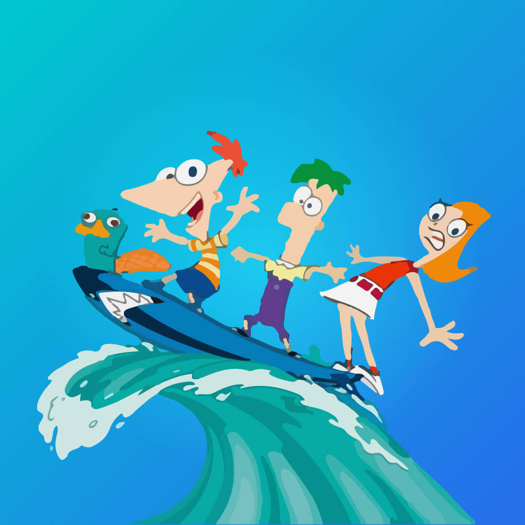Summer Theatre Camp Icon- Phineas, Ferb, Candace, and Perry surfing on a wave
