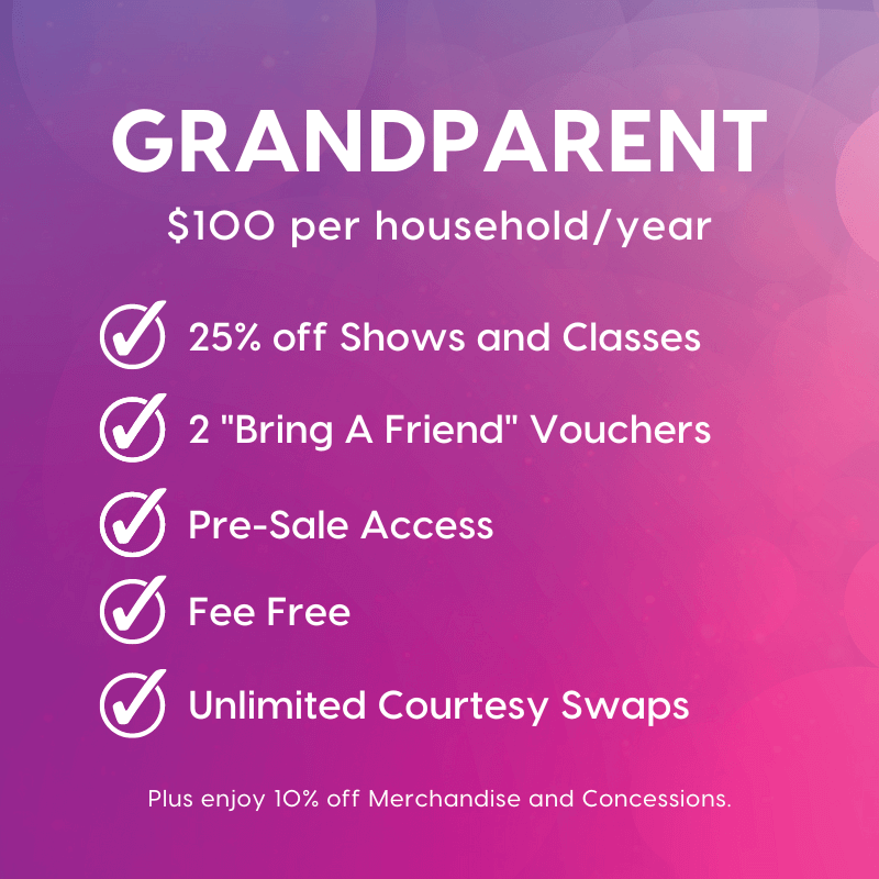 Graphic detailing Grandparent Membership level. $100 per household per year. Get 25% discount on shows and classes.