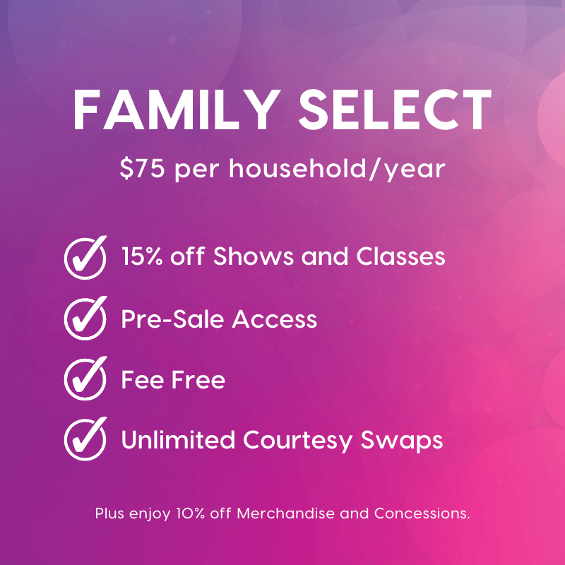 Graphic detailing Family Select Membership level. $75 per household per year. Get 15% discount on shows and classes.