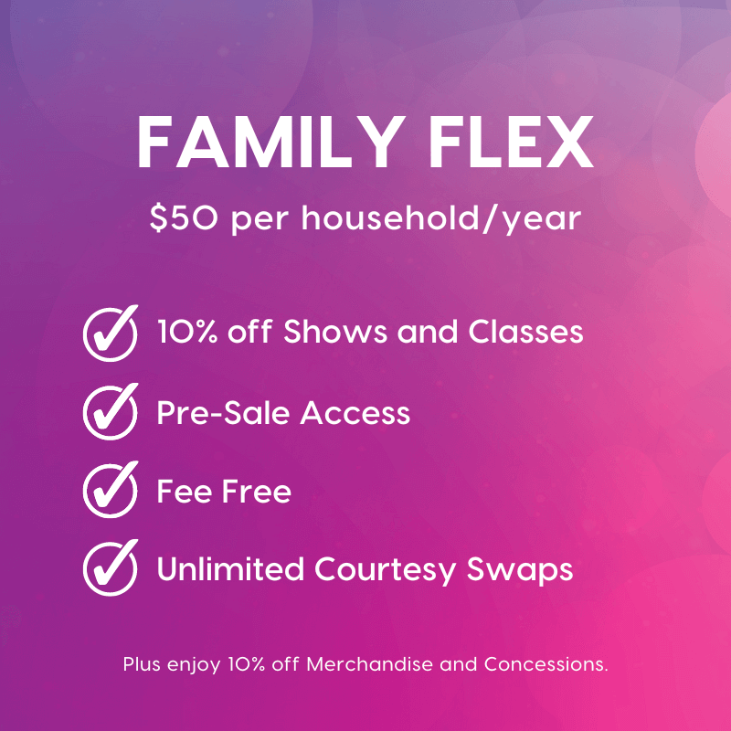 Graphic detailing Family Flex Membership level. $50 per household per year. Get 10% discount on shows and classes.